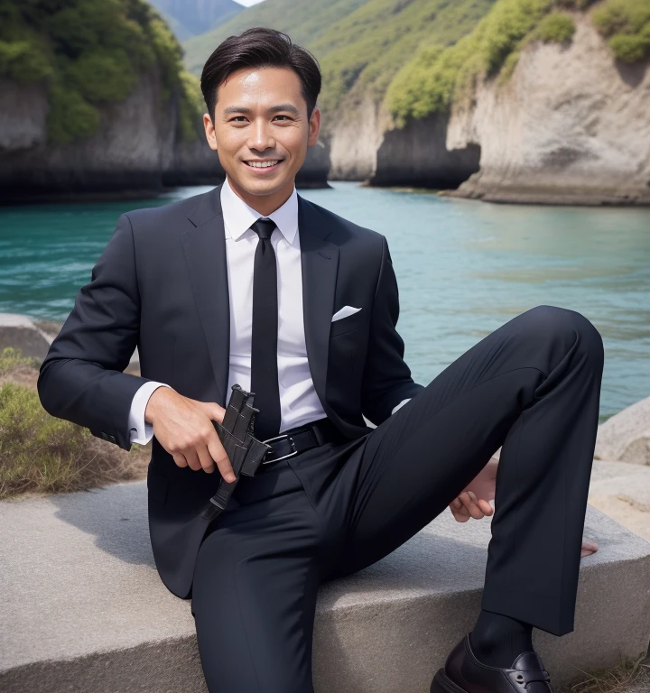 40 years old,One Man,Black Suit,Cliff in the mountainafia、Sit with your legs open、Hold a gun,logic,Gay ,Short Hair,Stubble,Asian Faces,Bulging in the crotch area of pants、Hermes Belt、Smile a little