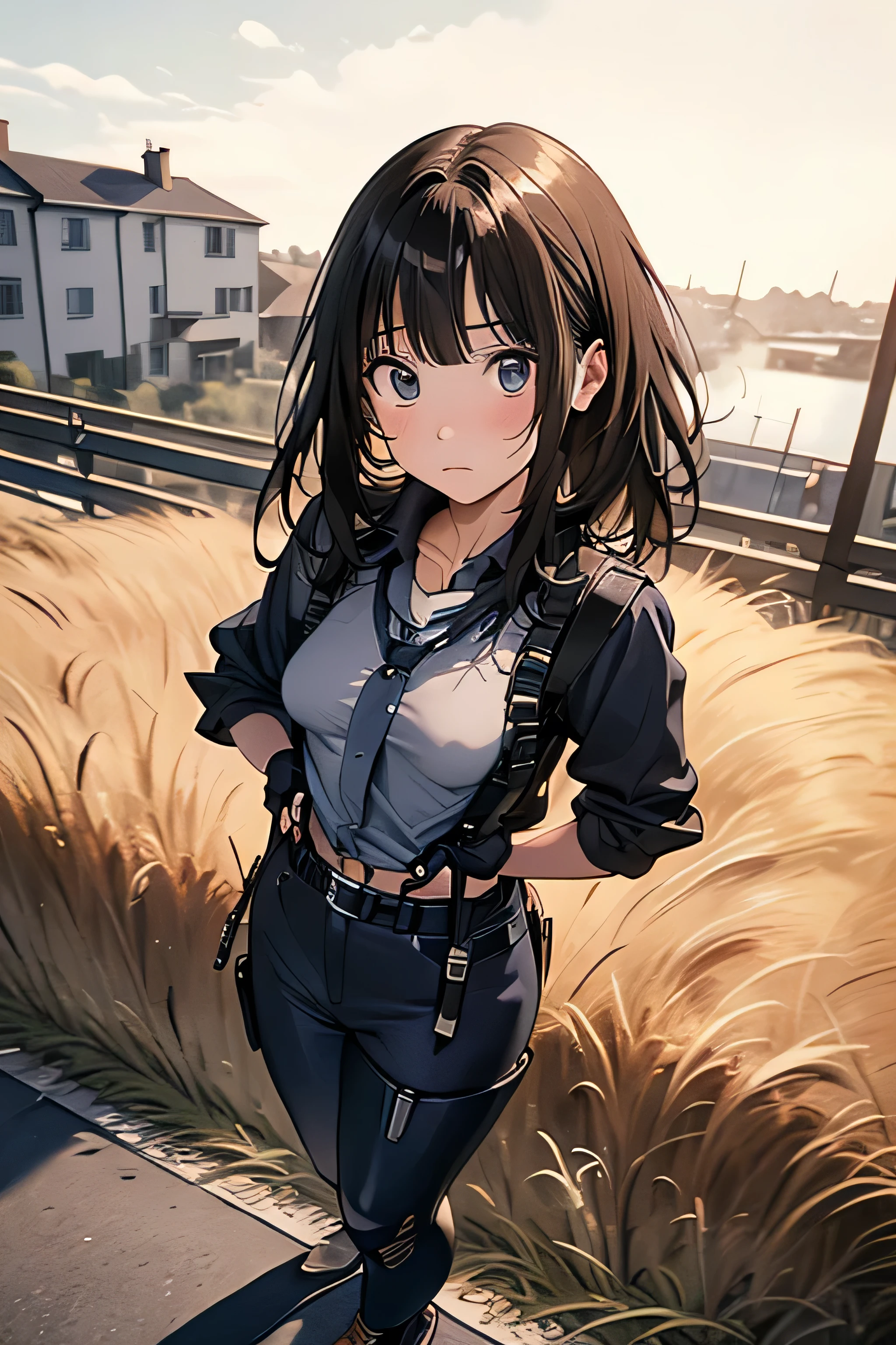 high quality, masterpiece, Ultra-high resolution, (realism: 1.4), Oil painting style, Cinema Lighting, An endless grassland dotted with a few houses, I stood on the empty asphalt road and looked at it.., Fairy Mountain々Shrouded in fog, And suspenders with flying cranes Medium chest Small face holster Beautiful woman Lying in bed look up Sweat belt summer 脇Sweat Black Hole Gloves suit shirt Black jacket Black trousers Leg Links ズボンにbelt holster Nipples visible through clothes, Caught fold your hands behind your back mask, Anxious expression look up Anxious face