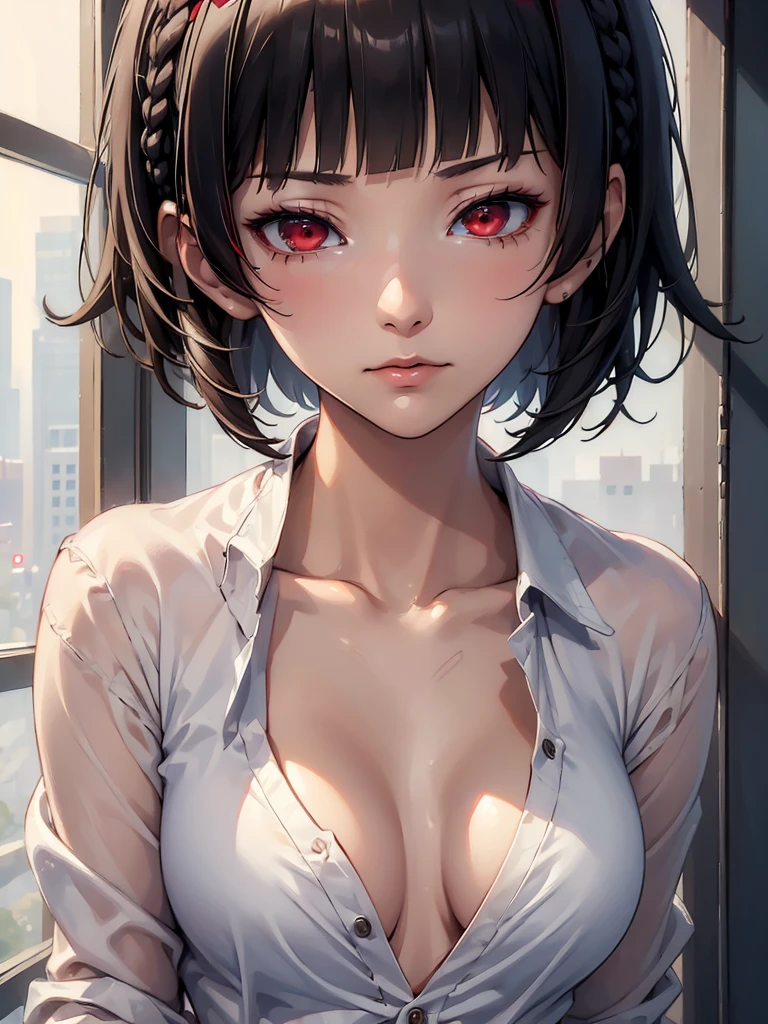 (masterpiece, best quality:1.4), 8k, Really Close Up, Niijima Makoto, Black bob cut with blunt bangs and a French-braid styled headband , Young adult, anime girl, Emotionless, Kuudere, light Red Eyes, Medium chest, White cardigan, Uniform, (detailed eyes and face, sharp pupils, realistic pupils:0.6)