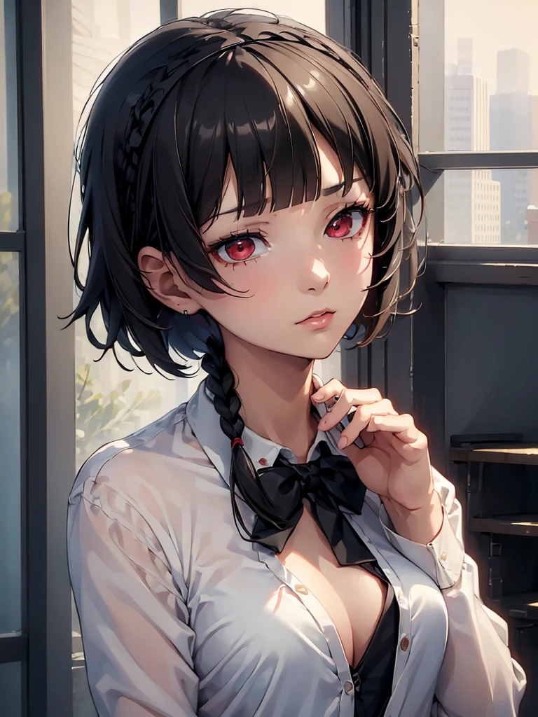 (masterpiece, best quality:1.4), 8k, Really Close Up, Niijima Makoto, Black bob cut with blunt bangs and a French-braid styled headband , Young adult, anime girl, Emotionless, Kuudere, light Red Eyes, Medium chest, White cardigan, Uniform, (detailed eyes and face, sharp pupils, realistic pupils:0.6)