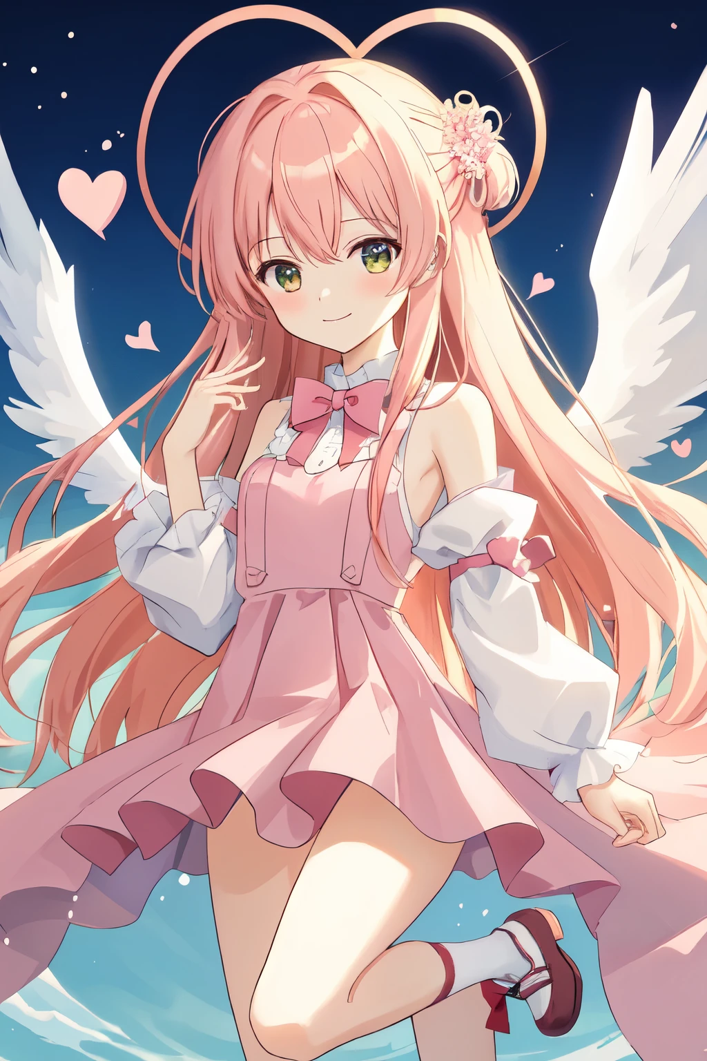 1_girl, (anime, kawai:2), (masterpeice, best_quality, clean:1.5), (sky_background:1.2), (cute, cute_smile, wholesome, young:1.8), (delicate, extremely_delicate, beautiful, thin:1.5), (girlfriend, angel:1.8), (green_eyes, simple_eyes:1.8) (long_hair, blond_hair:1.5), (wearing_pink_dress, pink_angel_wings:1.8), (combat:1.2), extremely_delicate, (love_magic:1.5), (age_size_fits_body), (small_thighs:1.3), (breasts), (eye_level:1.3), (heart_magic, love:1.5), (folded_legs:1.5)