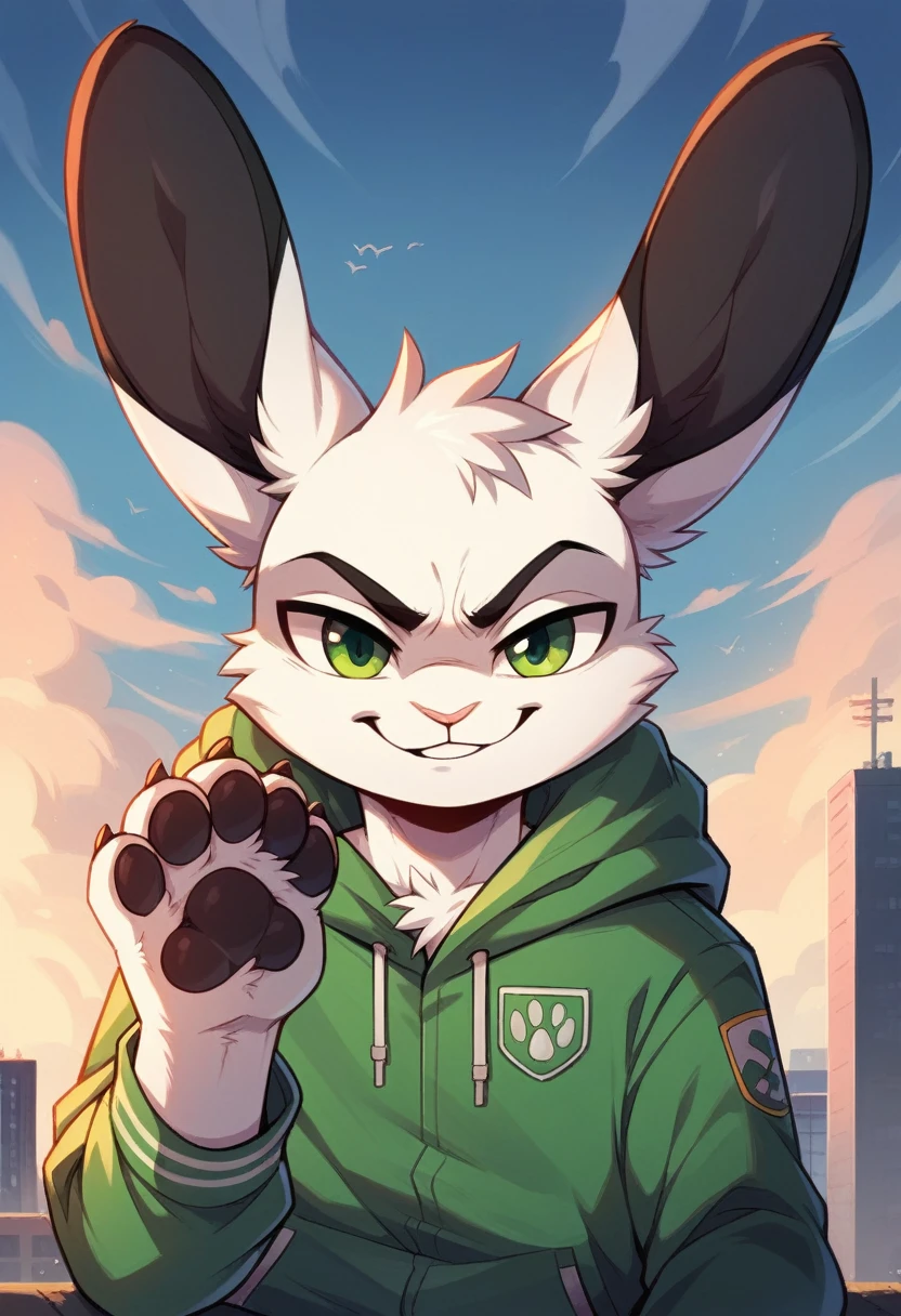 anthro, Rabbit, white fur, green eyes, green jacket, black ears, Macro, Fußfocus, alone, good lighting, Focus on feet, Stand, left foot raised, smirk, fluffy, pelzig paws, Paw pads, black pawpads, stomps on a city, no pants