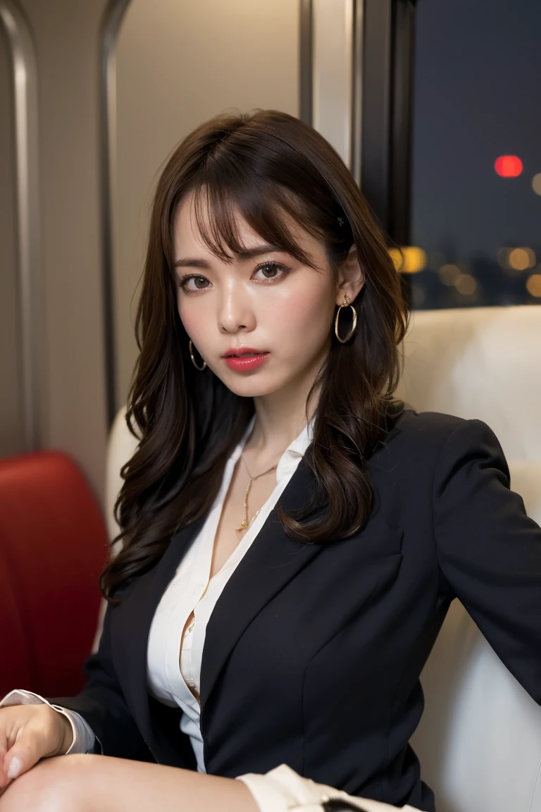 ((Upper Body))、(masterpiece:1.3), High resolution, Very detailed, Highly detailed CG Unity 8K wallpapers, Realistic, photo-Realistic, RAW Photos, Beautifully detailed face, Pale skin, Realistic glistening skin, Detailed cloth texture, Detailed hair texture, Perfect Style, Beautiful Face, Accurate, Anatomically correct, Very detailed顔と肌の質感, fine grain, Brown eyes, double eyelid, Thin eyebrows, (Droopy eyes:0.65), (Glitter Eyeliner:1.2), Natural Cheeks, Glowing Skin, (Fair skin:1.2), Shiny necklace and earrings, (Glossy Lips: 1.4),
break
(Classy and cute girl:1.3), (High ponytail hairstyles, Wavy Hair, Dark brown hair), (Captivating smile:1.2) (Wear an elegant business suit:1.3), (Black Stockings), Medium large breasts,
break
((Cowboy Shot:1.2)), (Cross-legged sitting pose:1.4), At the train door, ((Night city view:1.2)),
(Show off your V-line)、