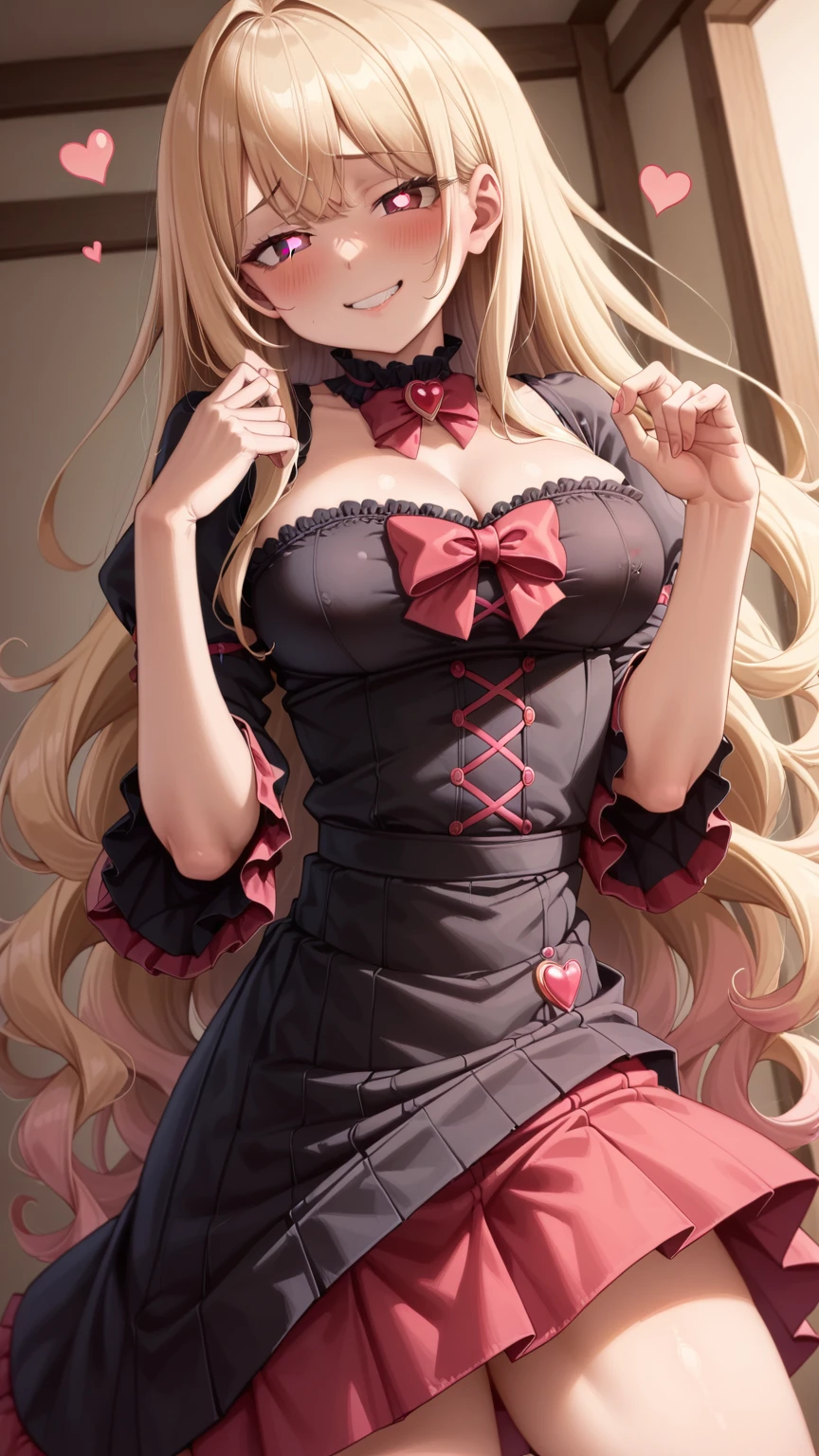 a female small ((slim)) ((frisky estrus petit little (narrowed eyes smug face) provocatively tempt haughty princess)), ringlets blonde thick ridiculously long hair, luxury red gothic dress, super mini-skirt, breasts bursting out, presenting, in call, 厚くて滑らかなウォーフレームの太もも, wiggle thick thighs, blush, seductive, very thick ridiculously hair ((heart shaped pupils))