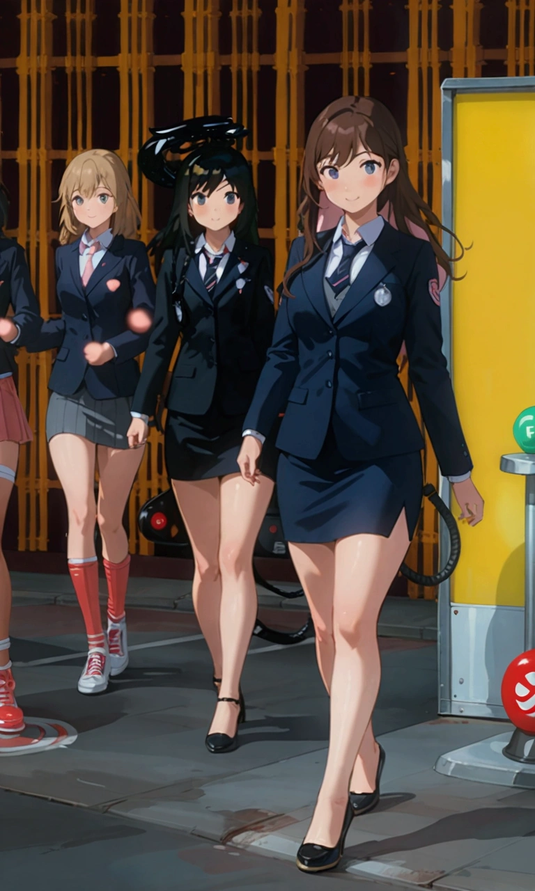 realistic anime of business young student girls, walking along nightclub, (their business outfit : navy-blue pencil skirt), (masterpiece, best quality)