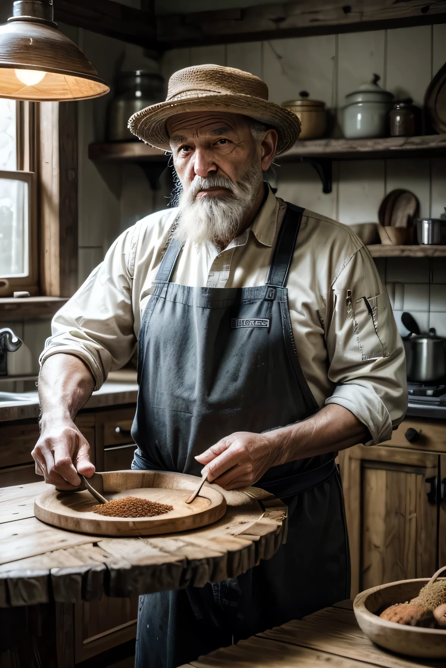 old ancient man, aged 50, kind, with rustic hat, in a wooden kitchen, with seasonings, coriander, mostarda, barba, country clothing, banjo, spices, antique photo, oldwest, chef, large environment, rich in detail, black andwhite, faucet, large table, codiments, dramatic lighting, ancient elements, hdr, canon