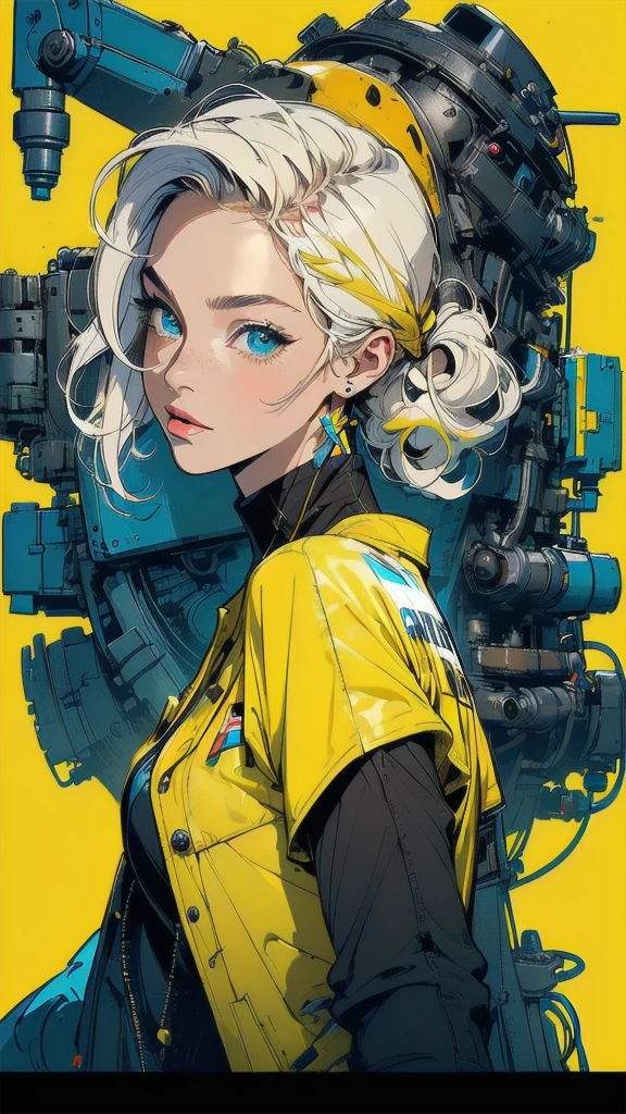 (((masterpiece, highest quality))),(((solo:1.2))),(((1girl:1.2))),32k wallpaper, very detailed, poster, vintage science fiction,(((((geometric cinematic movie poster))))), ((bauhaus)),(shape),(((abstract))),(mid century modern),movie poster,(((((portfolio))))),(((((Close-up))))),(((((bust up))))),((((more various angle)))),((((highlight)))),((((heterochromia)))),(((complete. detailed face))),((((Extremely talented)))),(((((most complecated futristic machine))))),(Colorful color scheme),(((detailed unlimited mechanic complete Equipment))),(((Absolutely Bright yellow background))),(((Matte texture background))),(((Beautiful woman looking back)))