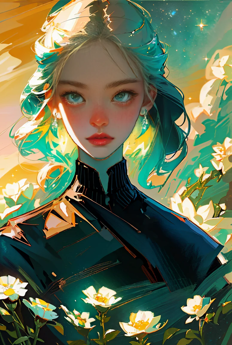 Close-up Shot: An Anime girl with a captivating beauty face, adorned in a white glassy spectacle, stands serenely on the land as the night view unfolds before her. The Milky Way shines brightly above, adorned with countless stars and vibrant, colorful flowers that stretch out towards her. In this moment, her detailed eyes reflect a cool vibe as she gazes up at the breathtaking scene with wonder. This painting is a masterpiece, created in the oil painting style, with very obvious oil painting strokes that add texture and depth to the image. With an impressionist palette, this 32k UHD artwork is a beautiful, old