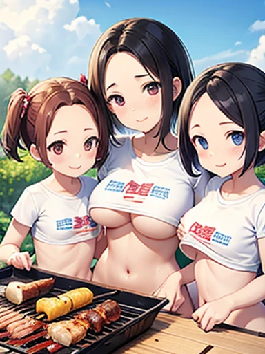 Mother and two daughters、naked、barbecue、T-Shirts、Showing underboob、naked、short hair with twin tails、Wide forehead