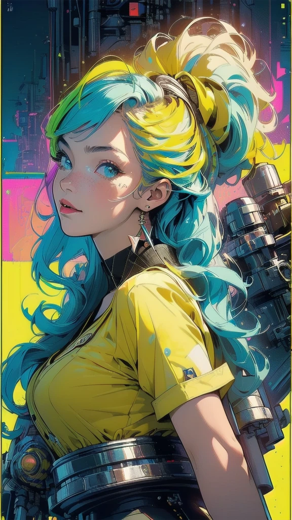 (((masterpiece, highest quality))),(((solo:1.2))),(((1girl:1.2))),32k wallpaper, very detailed, poster, vintage science fiction,(((((geometric cinematic movie poster))))), ((bauhaus)),(shape),(((abstract))),(mid century modern),movie poster,(((((portfolio))))),(((((Close-up))))),(((((bust up))))),((((more various angle)))),((((highlight)))),((((heterochromia)))),(((complete. detailed face))),((((Extremely talented)))),(((((most complecated futristic machine))))),(Colorful color scheme),(((detailed unlimited mechanic complete Equipment))),(((Absolutely Bright yellow background))),(((Matte texture background))),(((Beautiful woman looking back)))