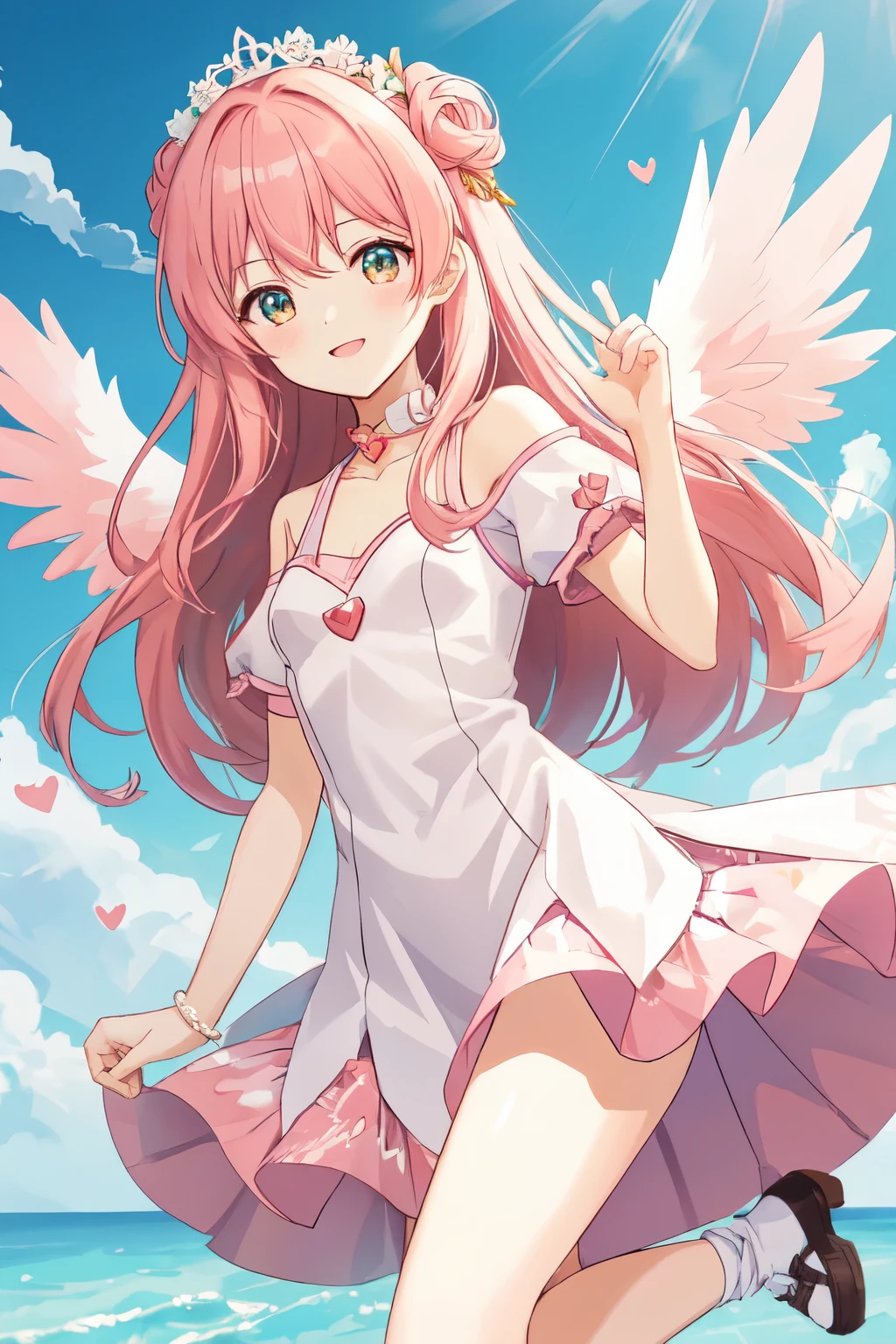 1_girl, (anime, kawai:2), (masterpeice, best_quality, clean:1.5), (sky_background:1.2), (cute, cute_smile, wholesome, young:1.8), (delicate, extremely_delicate, beautiful, thin:1.5), (girlfriend, angel:1.8), (green_eyes, simple_eyes:1.8) (long_hair, blond_hair:1.5), (wearing_pink_dress, pink_angel_wings:1.8), (combat:1.2), extremely_delicate, (love_magic:1.5), (age_size_fits_body), (small_thighs:1.3), (breasts), (eye_level:1.3), (heart_magic, love:1.5), (folded_legs:1.5)