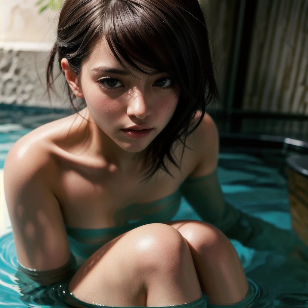 Realistic Photography, Beautiful Young Female ,Short hair ,river, extremely delicate and beautiful},Outstanding light and shadow, highly detailed wallpaper,Clear and bright sunlight, taking a selfie, naked portrait, nude photography, close up portrait of bathing in a lake, reeds, (backlighting), realistic, masterpiece, Soaked in water, Topless, Upper breasts, highest quality, lens flare, Shade, bloom, [[chromatic aberration]], by Jeremy Lipking, by Antonio J. Manzanedo, digital painting, (((Misako Renbutsu)))