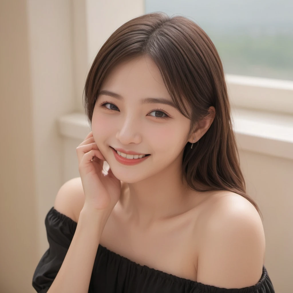 Highest quality, masterpiece, Ultra-high resolution, Realistic, One girl, Off the shoulder, smile