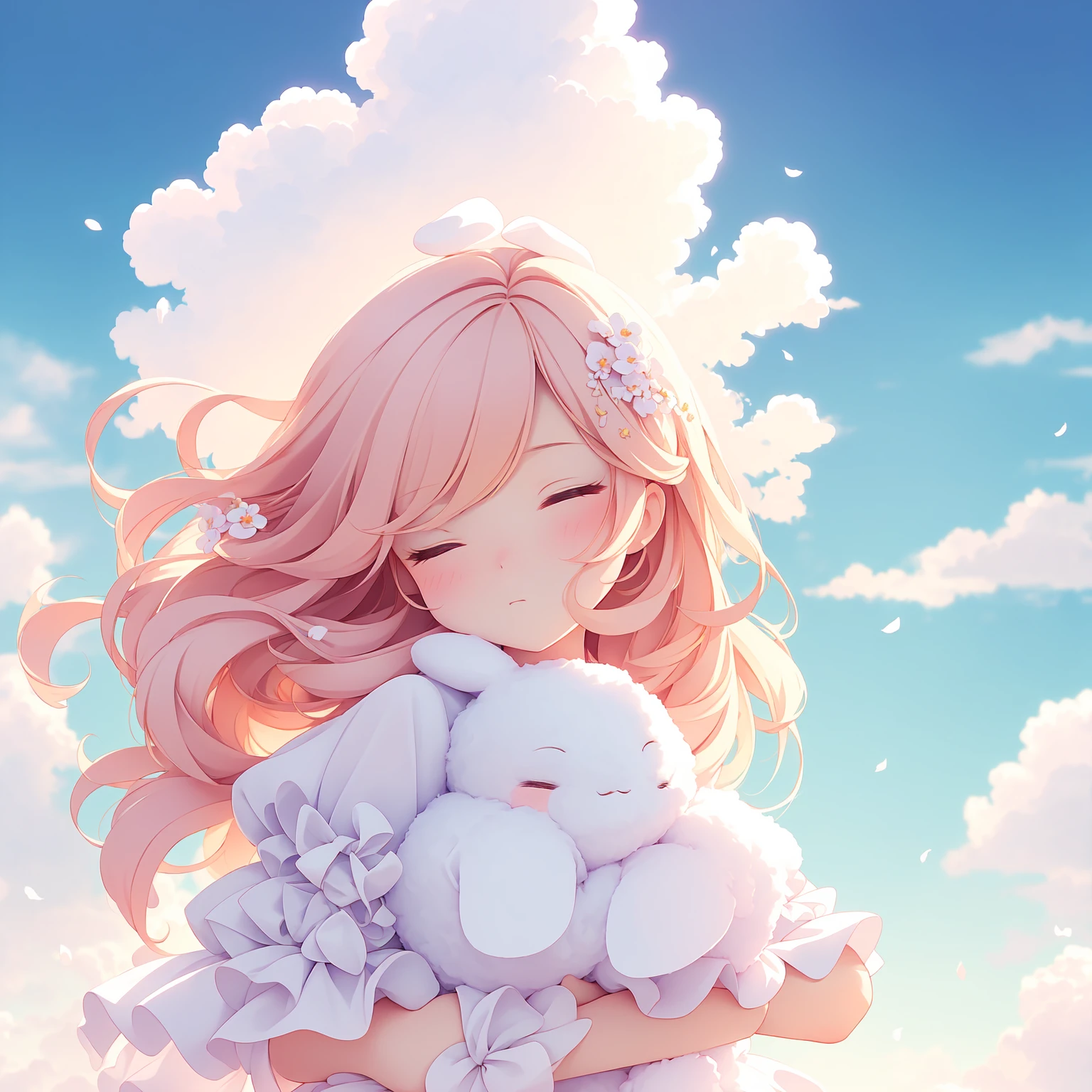 Bunny Morphing Girl, fluffy, soft ((Highest quality)), ( Very detailed, Best details, Official Art, Beauty and aesthetics: 1.2), Depth of the written border, composition, whole body, (a bit), (Beautiful and detailed: 1.3), (wonderful:1), Colorful clouds blurred background