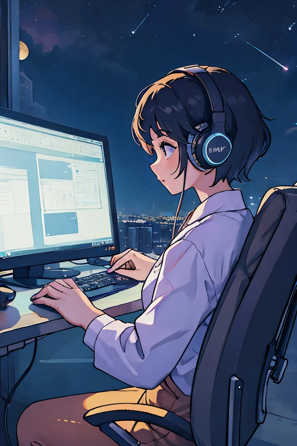 Girl working on computer while listening to jazz music on headphones against the night sky