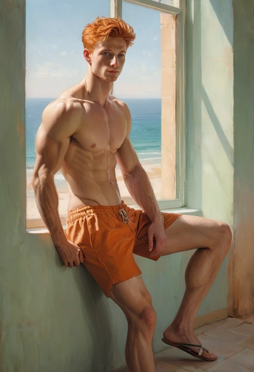 fullbody image,(( view from above))
full body, oil painting
A young man, white skin, ginger, barbed, hairy body, thin face, straight nose, thin lips, square chin, large light green eyes, short red wavy hair, in roberto ferri style, aesthetic slim athletic body, ginger realistic skin, gorgeous, detailed tonned muscles, barefoot, perfect anatomy, muscled fitness body,
Young man, perfect anatomy, , energetic splendid, Barefoot, naked, small flacid penis, slim and detailed muscles, shirtless, pantless, fullbody, wearing sandals, the composition of shadows and lights give an atmosphere of spaciousness,
he is a typing on a orange pastel laptop a blue pastel office smiling pastel colors deco minimalistic scenario
in the backgroound, pastel color minimalistic scene, with large windows to see the beach and a ligthhouse