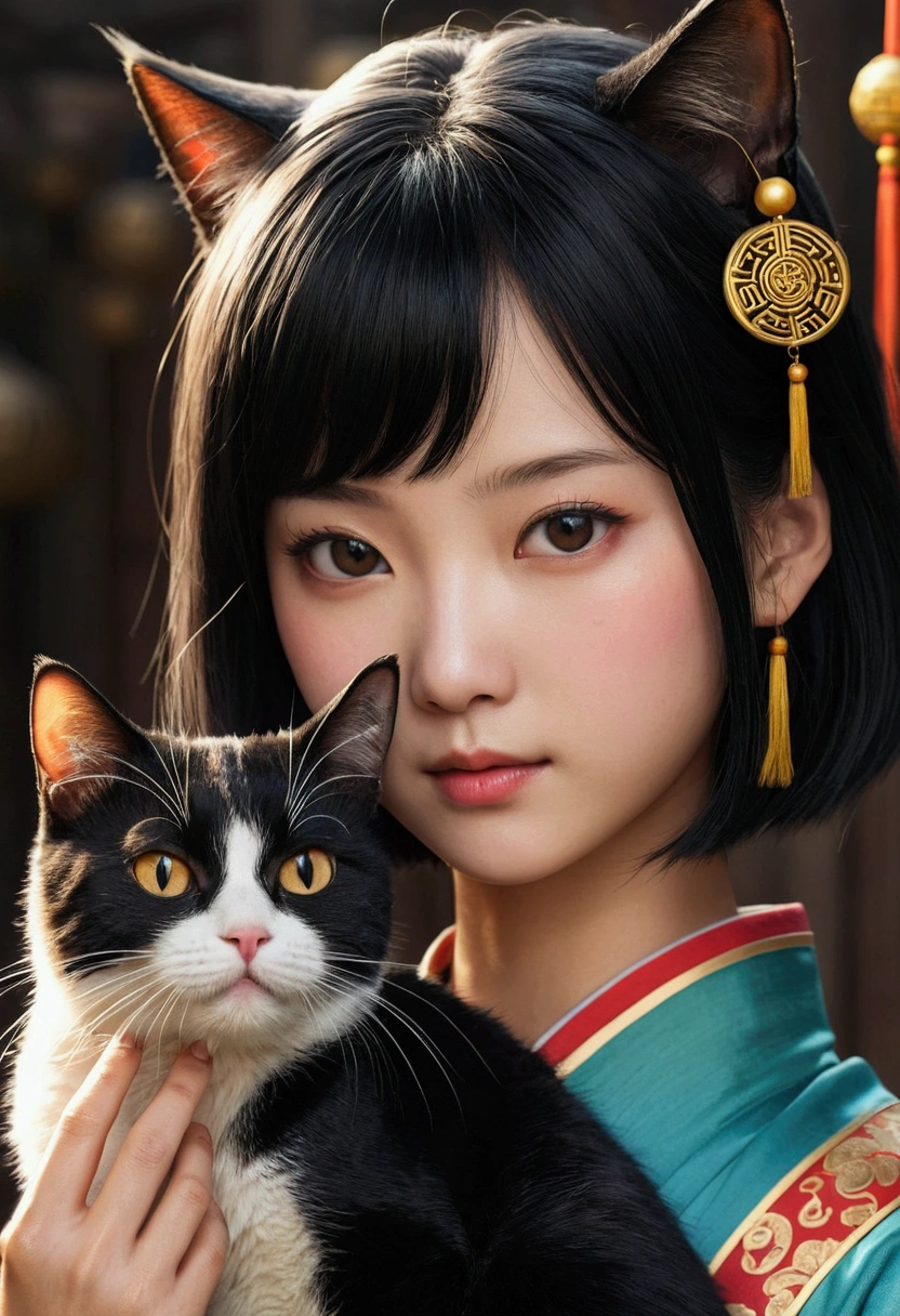 Upper body close-up ·,A cat and a girl with short black hair,Chinese mythological elements,Cute and mysterious