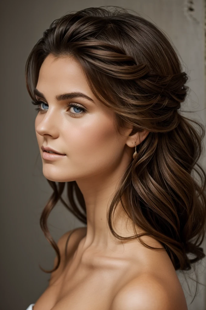 fille, Cheveux jusqu'à la taille, yeux marrons, Pull beige, jupe-short blanche