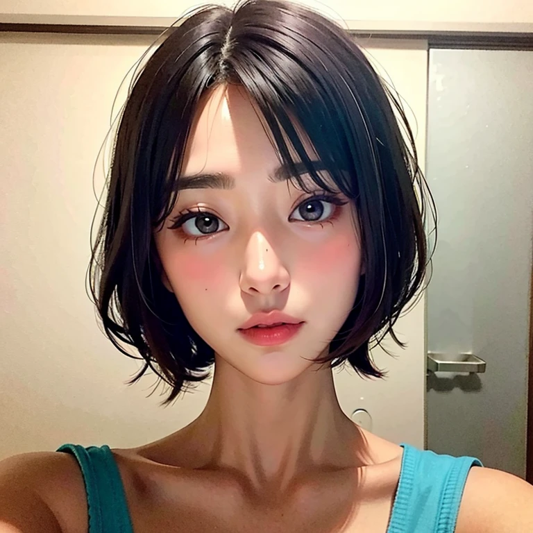 Beautiful girl with short hair with straight front bangs covering her forehead to her eyebrows, hair styles Yor Forger