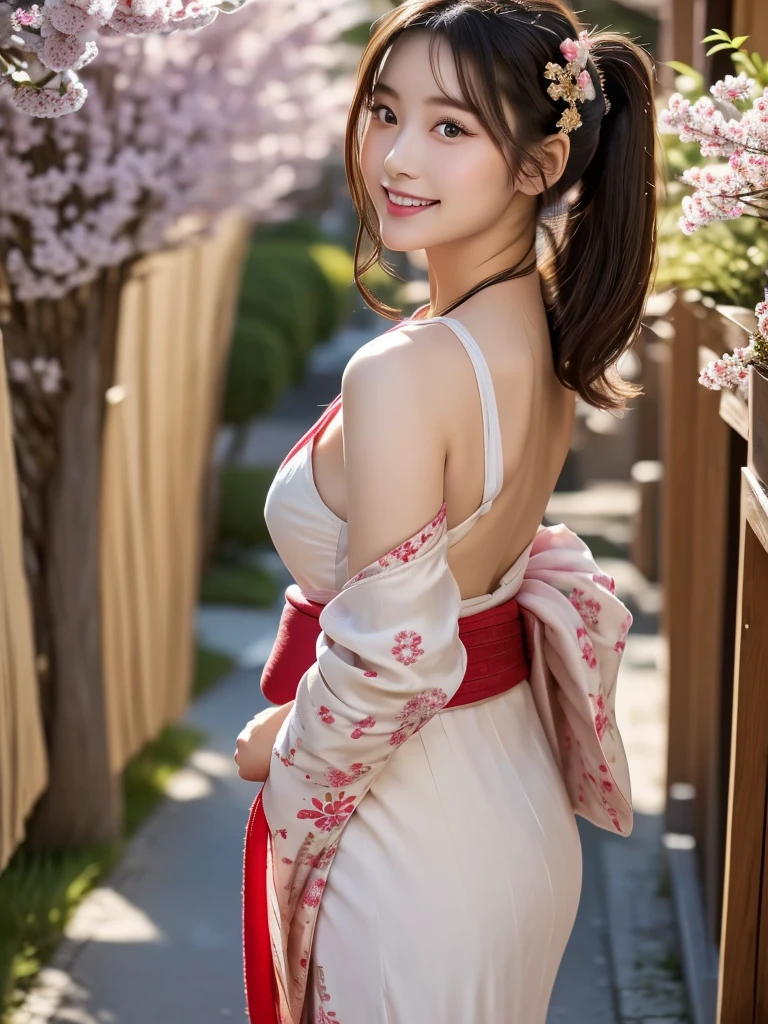 Here is a detailed physical profile of a young Japanese woman in an ayatori costume:
--- She is a young Japanese woman with stunning beauty, around 20 years. Your face has a delicate and symmetrical structure, with porcelain skin that glows softly in the light. Your eyes are big and expressive, of a deep brown that captivates and hypnotizes. Arched, perfectly shaped eyebrows add a touch of elegance to your look.
Os cabelos, long and silky, cascade halfway down your back. They are black as night, with a natural shine that reflects light in shades of blue. A soft fringe frames your face, giving a youthful and charming look.
Her lips are full and pink, always curved into a gentle smile that reveals a row of perfect, white teeth. Your cheeks have a slight blush, giving you a healthy and vivacious appearance.
She wears a beautiful brunette, an intricate and elegant traditional piece. The kimono is pure silk, with a white background decorated with intricate patterns of cherry blossoms in shades of pink, red and gold. The obi sash is a deep red, tied meticulously in a large, elaborate bow at the back. The kimono collar is slightly open, revealing the graceful nape of the neck, considered a point of beauty in Japanese culture.
She wears wooden sandals (can), that emit a soft sound while walking, adding a calm rhythm to your movement. On the feet, white tabi socks complement the traditional attire. Small accessories, like cherry blossom hairpins and a delicately painted fan, complete your look, further accentuating its ethereal and traditional beauty. 8k.