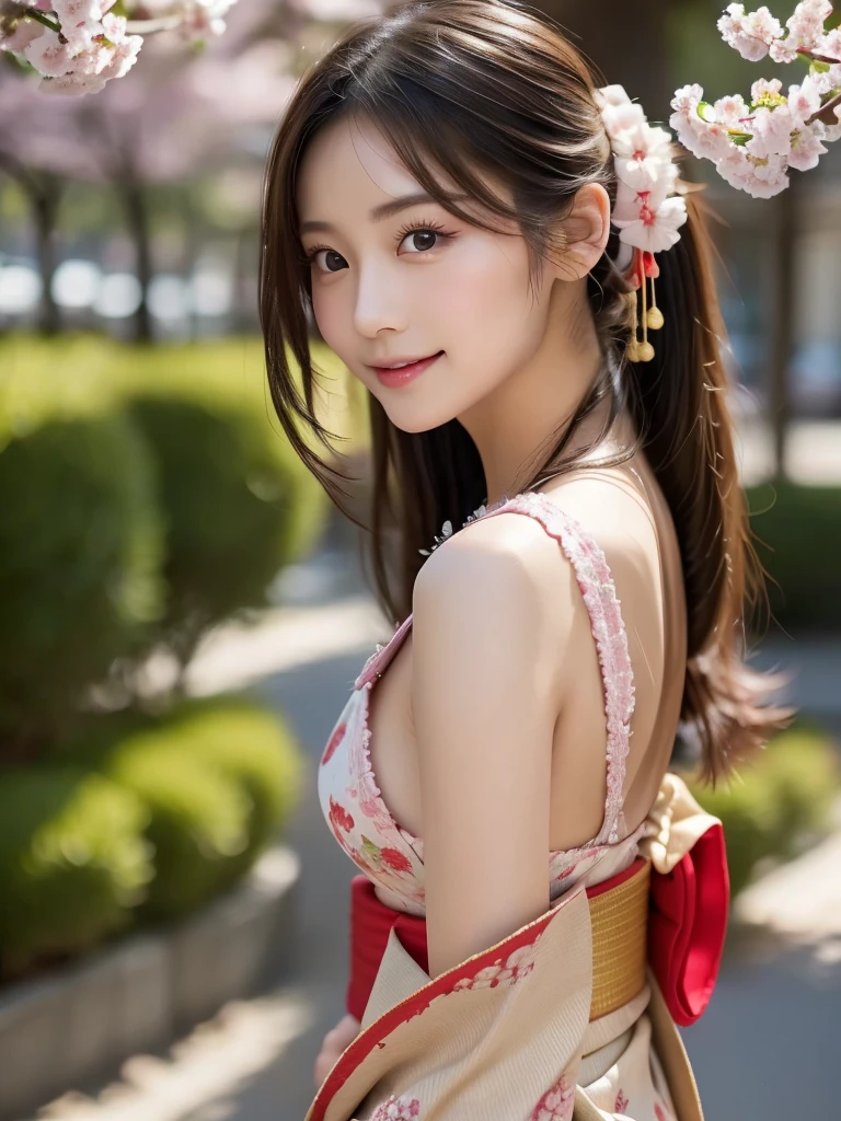 Here is a detailed physical profile of a young Japanese woman in an ayatori costume:
--- She is a young Japanese woman with stunning beauty, around 20 years. Your face has a delicate and symmetrical structure, with porcelain skin that glows softly in the light. Your eyes are big and expressive, of a deep brown that captivates and hypnotizes. Arched, perfectly shaped eyebrows add a touch of elegance to your look.
Os cabelos, long and silky, cascade halfway down your back. They are black as night, with a natural shine that reflects light in shades of blue. A soft fringe frames your face, giving a youthful and charming look.
Her lips are full and pink, always curved into a gentle smile that reveals a row of perfect, white teeth. Your cheeks have a slight blush, giving you a healthy and vivacious appearance.
She wears a beautiful brunette, an intricate and elegant traditional piece. The kimono is pure silk, with a white background decorated with intricate patterns of cherry blossoms in shades of pink, red and gold. The obi sash is a deep red, tied meticulously in a large, elaborate bow at the back. The kimono collar is slightly open, revealing the graceful nape of the neck, considered a point of beauty in Japanese culture.
She wears wooden sandals (can), that emit a soft sound while walking, adding a calm rhythm to your movement. On the feet, white tabi socks complement the traditional attire. Small accessories, like cherry blossom hairpins and a delicately painted fan, complete your look, further accentuating its ethereal and traditional beauty. 8k.