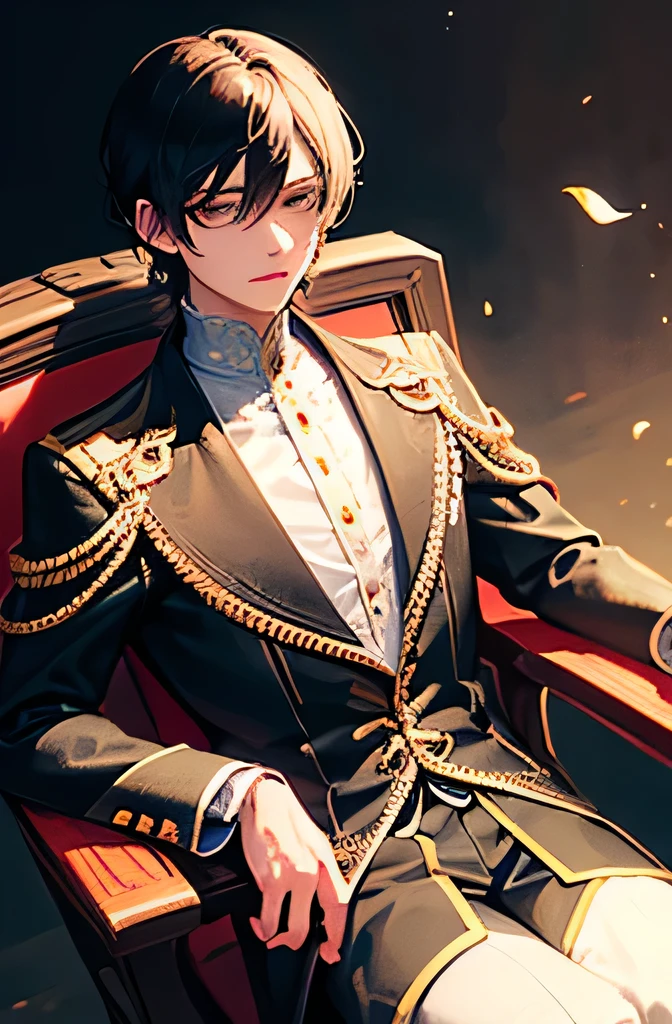 a boy with black hair and golden eyes sitting on a chair with his legs crossed, detailed anime style, high quality, 4k, photorealistic, cinematic lighting, dramatic shadows, intricate details, vibrant colors, beautiful background, highly detailed facial features, expressive eyes, sharp focus, chiaroscuro lighting, elegant pose, detailed clothing, realistic textures