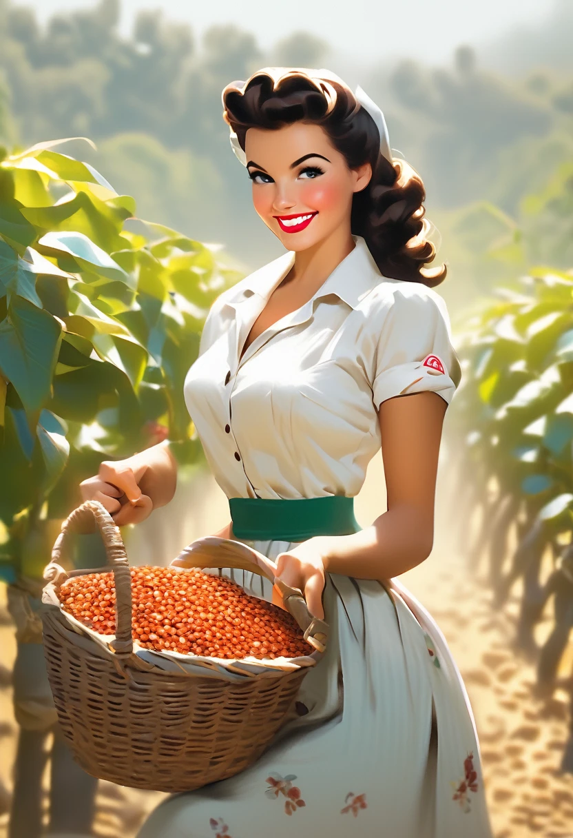 A brunette pinup girl smiling showing a basket of coffe grains on a coffe farm.