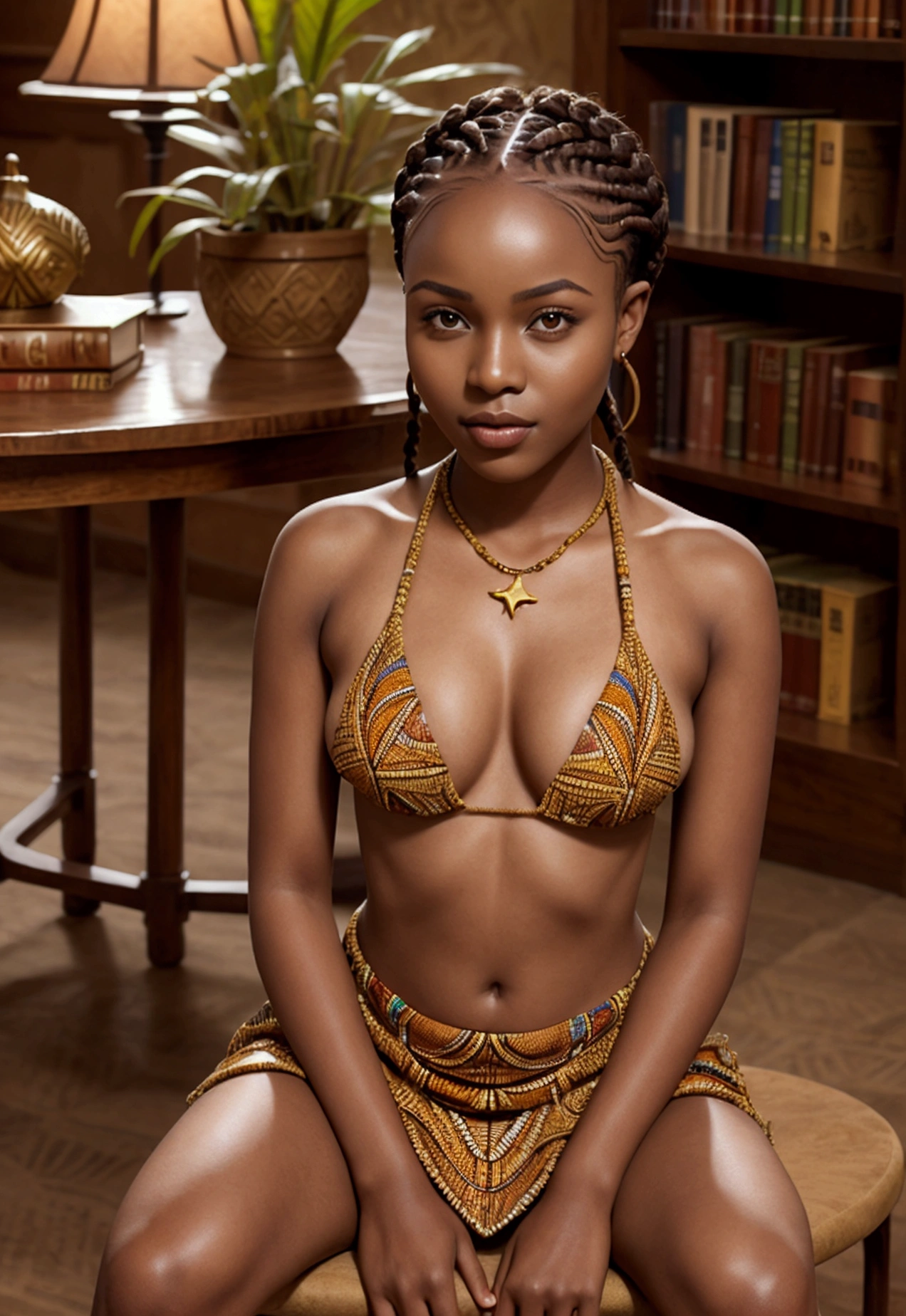 Beautiful 22 year old East African star with frame and small perky breasts sitting at a secluded table in a library in a beautiful African castle, braids, dark brown skin, African jewelry, African decor, fully clothed, full-body portrait hyperrealism