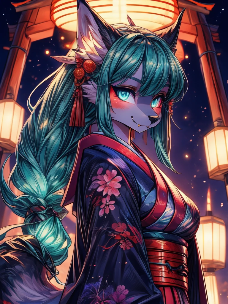 Miku Hatsune x vixen, hocivo de zorra high definition good anatomy agregar_detalle:1, pelaje azul,Orejas de Kitsune, tribal tattoo agregar_detalle:1, cute girl agregar_detalle:1, feudal priestess clothing agregar_detalle:1, japanese shrine landscape agregar_detalle:1, japanese shrine costume agregar_detalle:1, agregar_detalle:1, fullbody  descalza agregar_detalle, highly detalleed face, deep aqua iris agregar_detalle:1 lighting eyes agregar_detalle:3, garras de lobo, sharp fangs agregar_detalle:1, wild slut agregar_detalle:1, matsuri japones de fondo, fuegos artificiales en el cielo, glowing hair add_detail, glowing body add_detail, kitsune godness traditional kimono costume