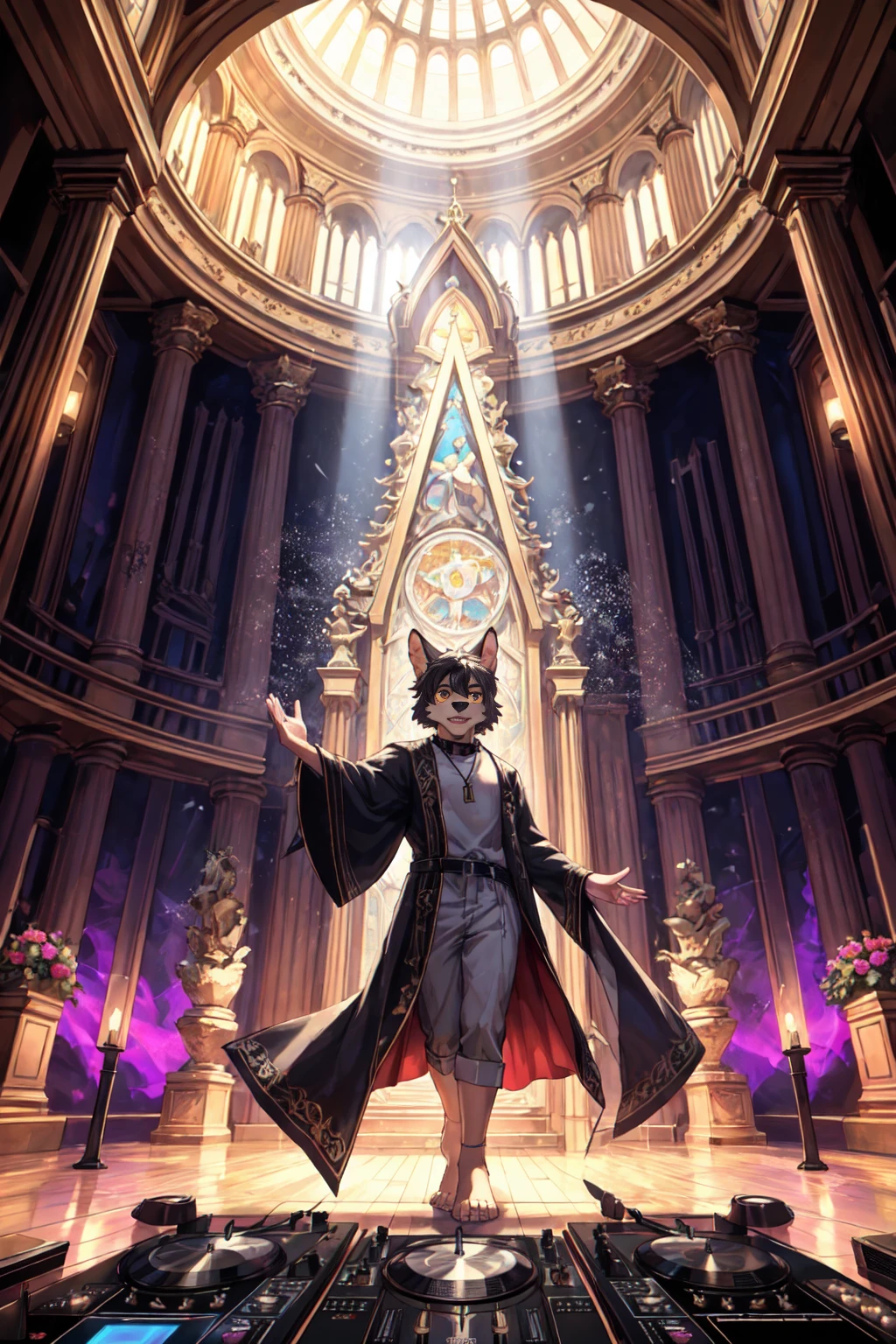 (((Barefoot furry character, full body, cinematic setting, furry male, plantigrade)))
This is my church
This is where I heal my hurt
It's a natural grace
Of watching young life shape
It's in keys
Solutions and remedies
Enemies becoming friends
When bitterness ends
This is my church
This is my church
This is where I heal my hurt
It's in the world I become
Content in the hum
Between voice and drum
It's in change
The poetic justice of cause and effect
Respect, love, compassion
This is my church
This is where I heal my hurt
For tonight
(((God is a DJ)))
God is a DJ
God is a DJ
This is my church
BREAK, masterpiece, ((detailed background)), ((dynamic background)), 8K, (masterpiece:1.5), intricate details, highly detailed, extreme detail, octane render, unreal engine, fine art, best quality, highres, (detailed face:1.5), ((full_body)), UHD, (((perfect hands))), low light.