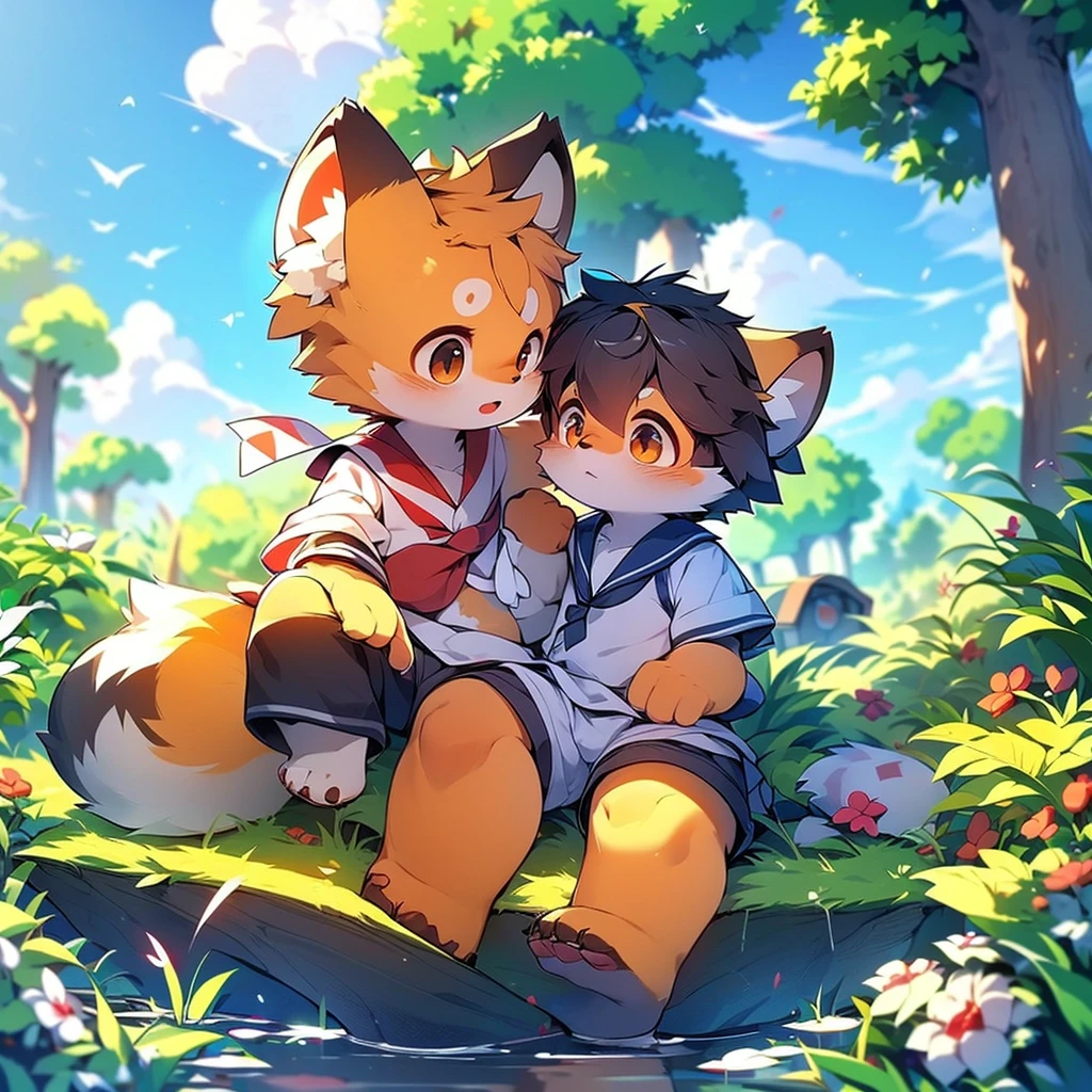 Red Panda Boy,Characteristics of the Sailor Suit,super high quality,Very detailed,High resolution,Cute art style in anime,Rice field scenery,(Cheerful teenager,13 years old:1.3),alone,single,Cute face male