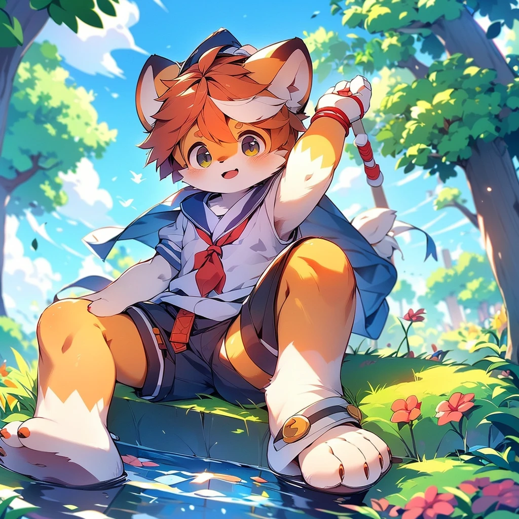 Red Panda Boy,Characteristics of the Sailor Suit,super high quality,Very detailed,High resolution,Cute art style in anime,Rice field scenery,(Cheerful teenager,13 years old:1.3),alone,single,Cute face male
