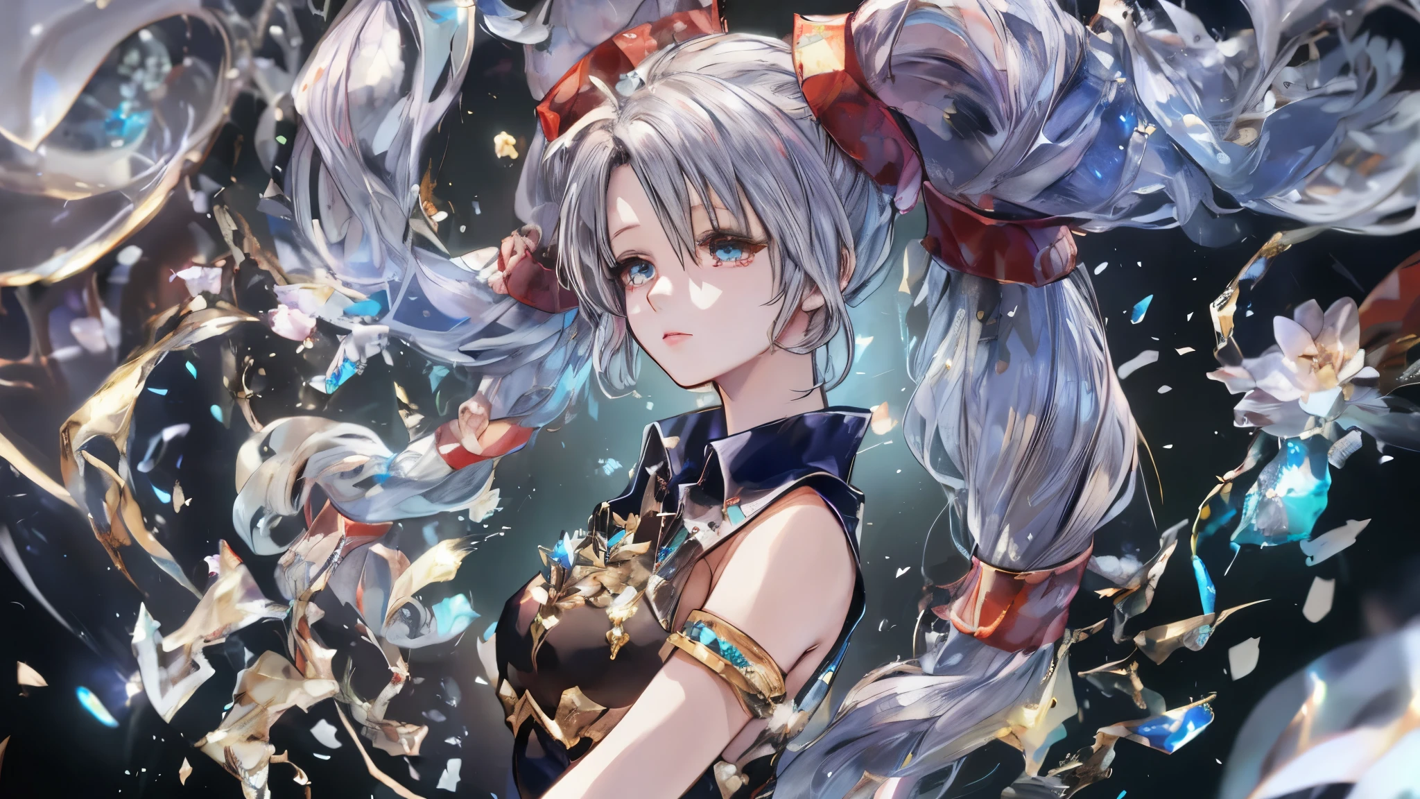 Twin tails,beautiful girl,thunder,lightning,magic,Particles of light,(Highest quality, High resolution:1.2),Mysterious atmosphere,Dynamic pose,High detail,Jewelry goods,bracelet,Red Gemstone Pendant,Almond Eyes, Exquisite eye makeup, Long eyelashes fluttering, Blinking big eyes