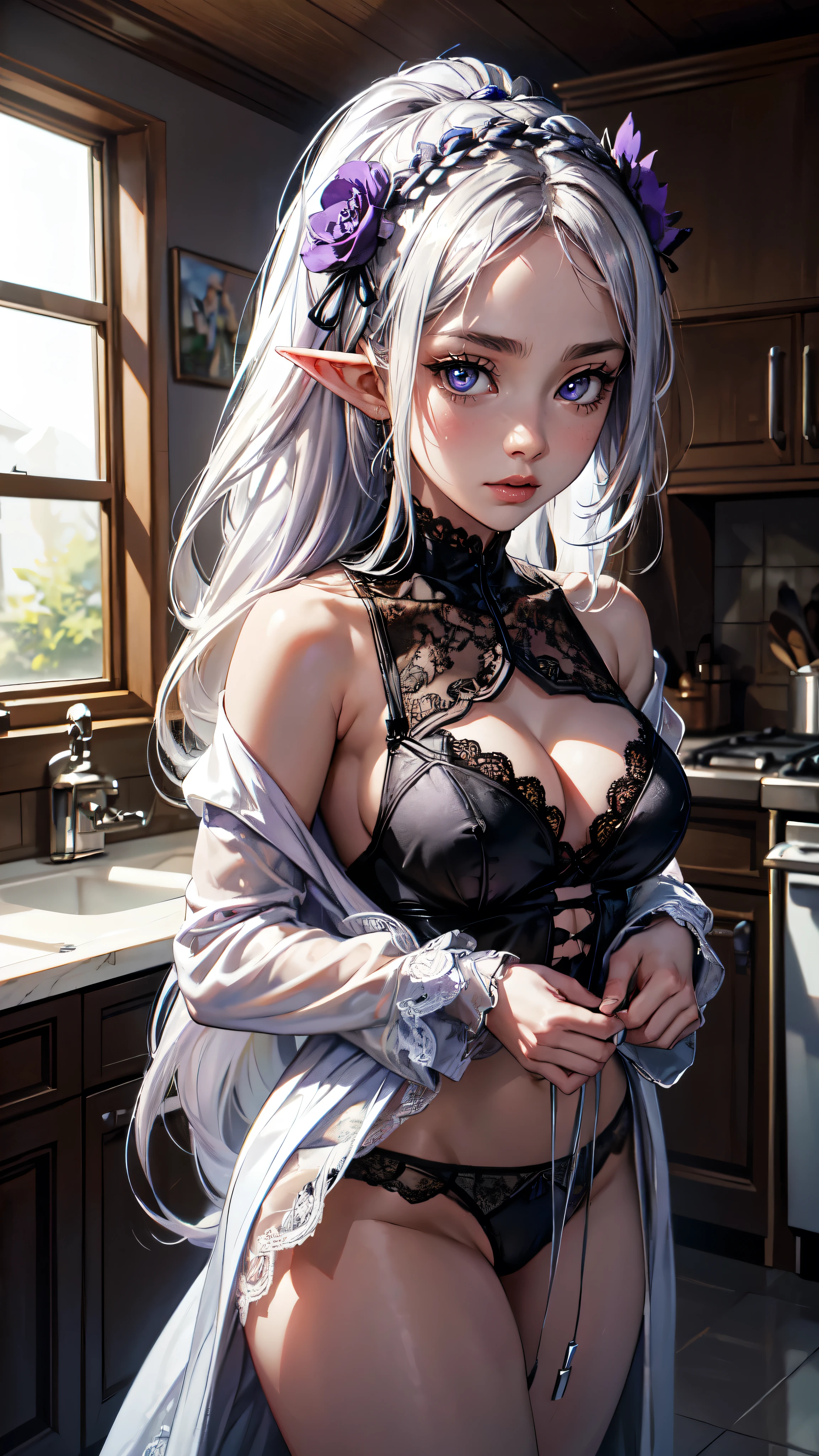 from behind,highres,(best quality),incredibly detailed,natural lighting,kitchen,1girl,sexy pose,(highly detailed face),looking over shoulder,Emilia re:zero, purple eyes, Emilia, crown braid, x hair ornament, flower hair ornament, white hair, long hair, medium breasts,,silver hair,long ponytail,standing,long shirt,see-through,medium breasts,perky breasts,covered,,(black and purple lace panties),,detailed eyes, detailed hands, detailed face, drops of water, drops, full body, elf woma