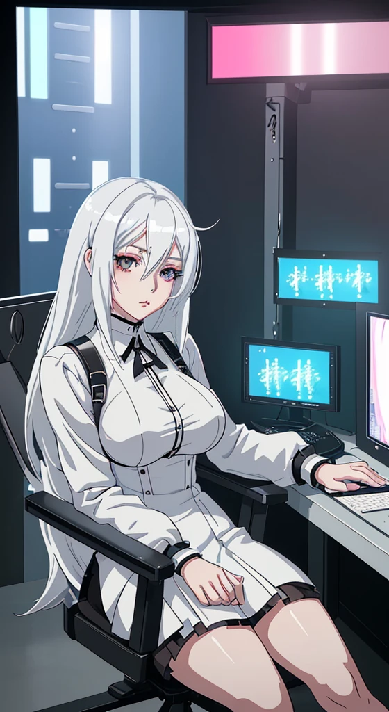 anime girl in a white shirt sitting on a chair in front of a computer, seductive anime girl, cyber school girl, Perfect white hair girl, perfect android girl, trend on cgstation, cyborg - girl with silver hair, 3d realistic anime style., Tifa Lockhart with white hair, trend on cgstation, 4K anime style, attractive anime girl