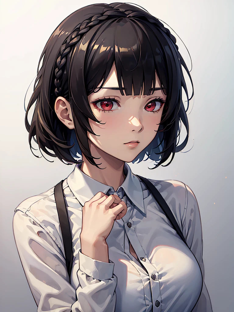 (masterpiece, best quality:1.4), 8k, Really Close Up, Niijima Makoto, Black Medium bob cut with blunt bangs and a French-braid styled headband , Young adult, anime girl, Emotionless, Kuudere, light Red Eyes, Medium chest, White cardigan, Uniform, (detailed eyes and face, sharp pupils, realistic pupils:0.6)