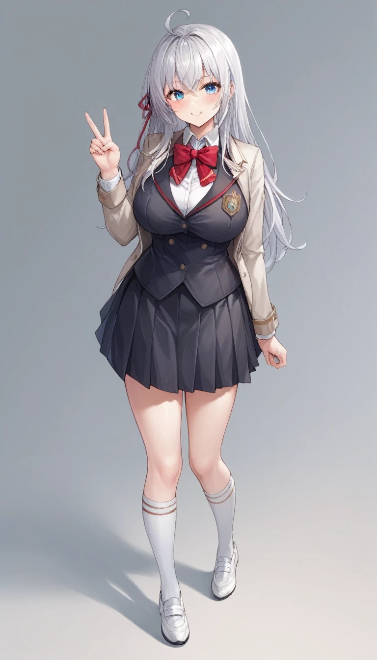 score_9, score_8_superior, score_7_superior, score_6_superior, score_5_superior, score_4_superior, Break Source_anime, Alisa Mikhailovna Kujo, blue eyes, Silver Hair, Long Hair, Red hair ribbon, White shirt, Ahoge, White shoes, Black vest, School black dress, White knee socks, Short beige blazer, Red bow tie, Are standing,Big Breasts,One-handed peace sign