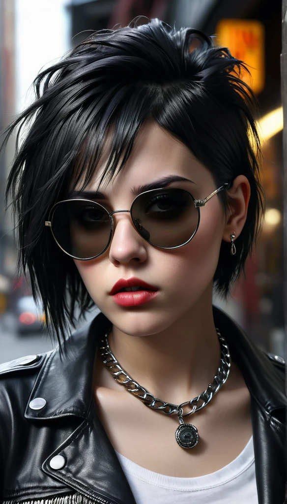 (best quality,4 k,8 k,higher ,masterpiece:1.2),ultra-detailed,(realistic,photorealistic,photo-realistic:1.37), punk girl thug style ultra realistic, Raw photo Realistic, black hair layered haircuts punk style, black sunglasses chain locket dark room realistic light ultra detailed description cool face expression, highly detailed HD wallpaper top Quality 