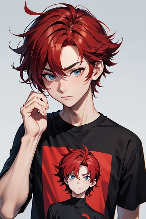 Anime boy who has red hair and wears a black t-shirt