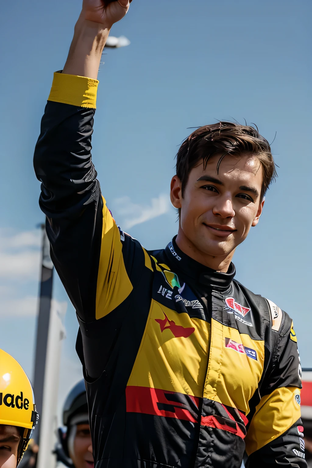 male pilot; with colorful gt3 racing uniform; with your hand up; with closed helmet; celebrating podium;