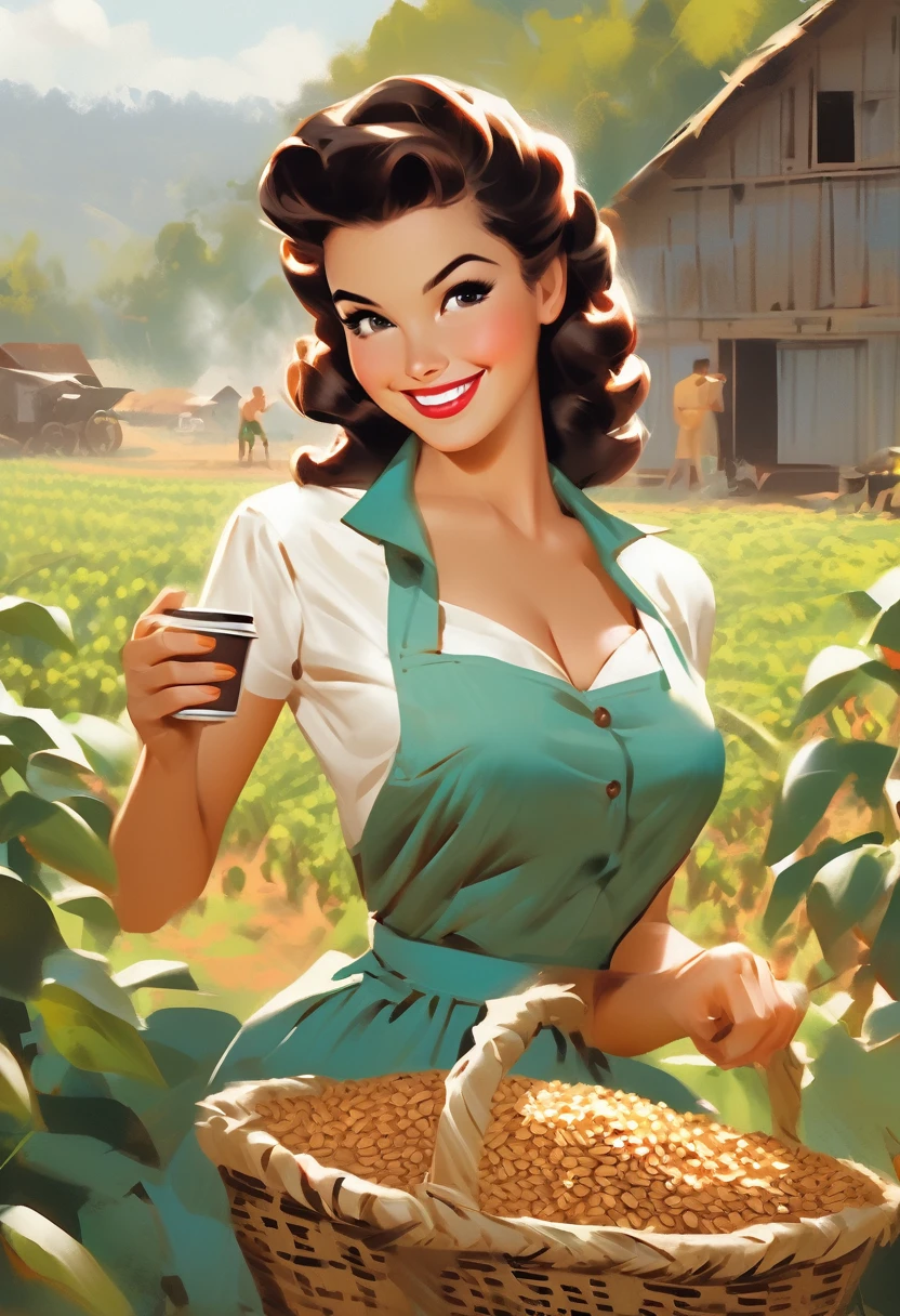 A brunette pinup girl smiling showing a basket of coffe grains on a coffe farm behind her.
