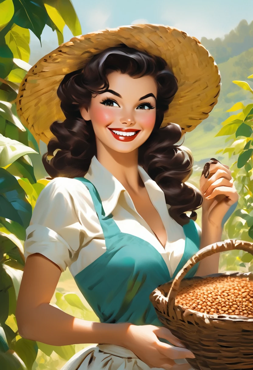 A brunette pinup girl smiling showing a basket of coffe grains on a coffe farm behind her.