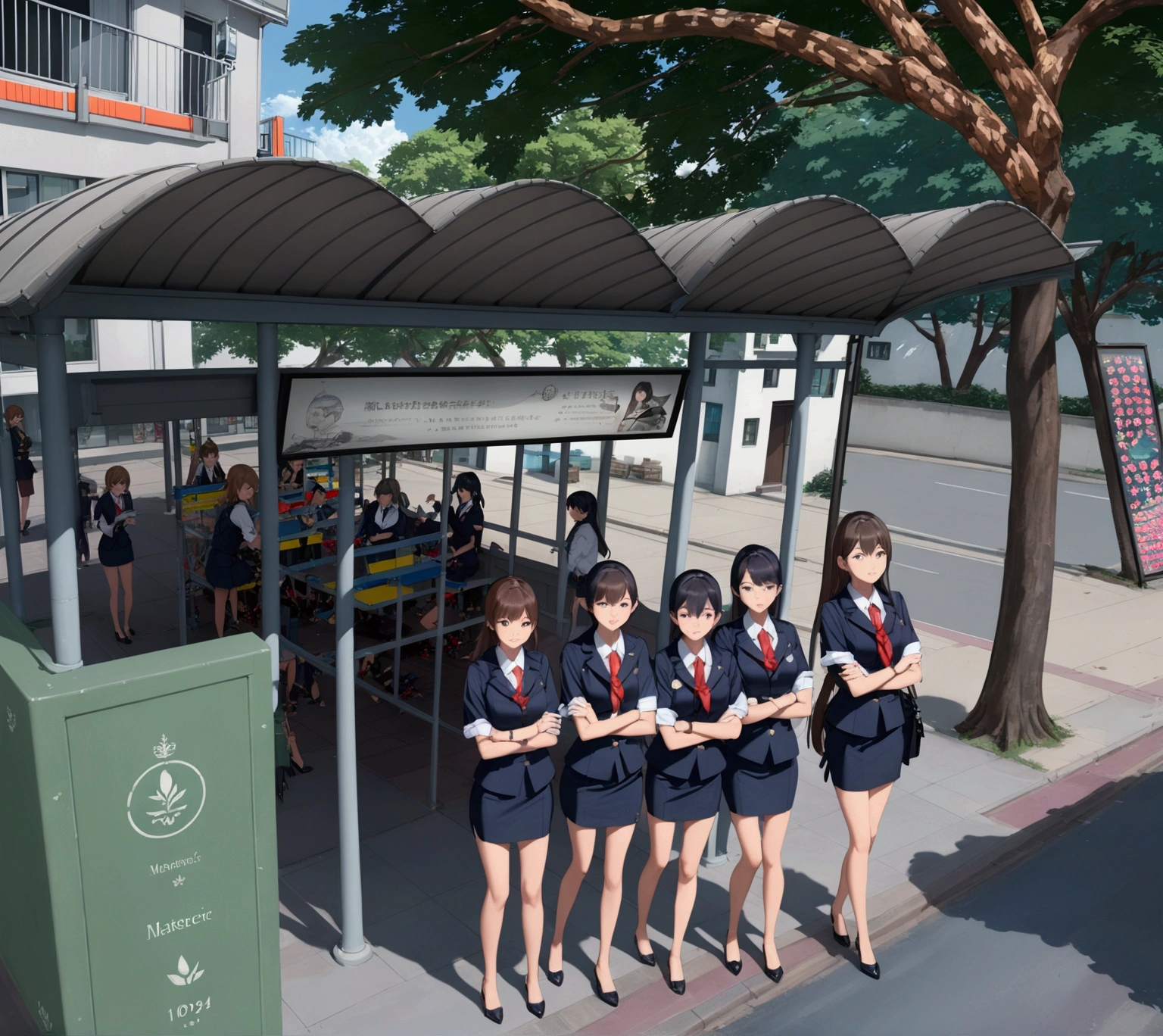 realistic anime of business young student girls on bus stop pavilion, (their business outfit : navy-blue pencil skirt, red and green neckerchief), (masterpiece, best quality)