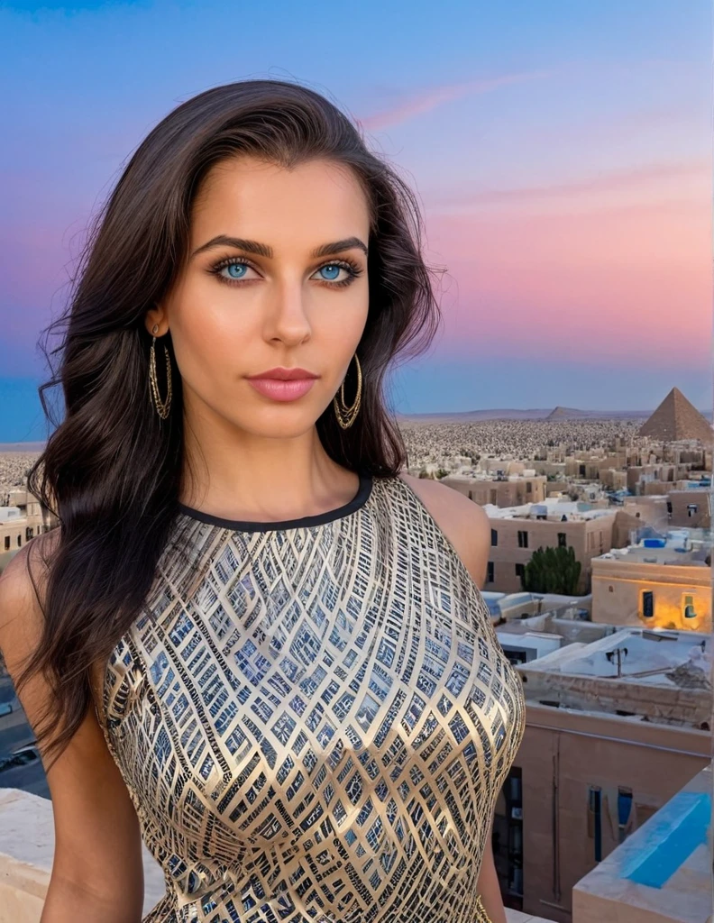 Cubist artwork of side light,dappled moonlight,blush, Mesmerizing beautiful faced girl,28yo,egyptdress,cyberpunk city,cityscape,looking at viewer,glass material,, epic shapes, abstract, innovative, revolutionary, blue eyes, sunset, stylized long shiny black hair, pink clouds at the horizon 