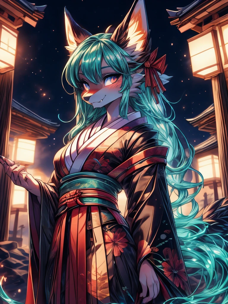 Miku Hatsune x vixen, hocivo de zorra high definition good anatomy agregar_detalle:1, pelaje azul,Orejas de Kitsune, tribal tattoo agregar_detalle:1, cute girl agregar_detalle:1, feudal priestess clothing agregar_detalle:1, japanese shrine landscape agregar_detalle:1, japanese shrine costume agregar_detalle:1, agregar_detalle:1, fullbody descalza agregar_detalle, highly detalleed face, deep aqua iris agregar_detalle:1 lighting eyes agregar_detalle:3, garras de lobo, sharp fangs agregar_detalle:1, wild slut agregar_detalle:1, matsuri japones de fondo, fuegos artificiales en el cielo, glowing hair add_detail, glowing body add_detail, kitsune godness sendual and traditional kimono costume