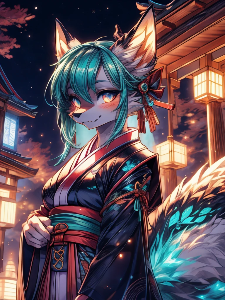 Miku Hatsune x vixen, hocivo de zorra high definition good anatomy agregar_detalle:1, pelaje azul,Orejas de Kitsune, tribal tattoo agregar_detalle:1, cute girl agregar_detalle:1, feudal priestess clothing agregar_detalle:1, japanese shrine landscape agregar_detalle:1, japanese shrine costume agregar_detalle:1, agregar_detalle:1, fullbody  descalza agregar_detalle, highly detalleed face, deep aqua iris agregar_detalle:1 lighting eyes agregar_detalle:3, garras de lobo, sharp fangs agregar_detalle:1, wild slut agregar_detalle:1, matsuri japones de fondo, fuegos artificiales en el cielo, glowing hair add_detail, glowing body add_detail, kitsune godness sendual and traditional kimono costume
