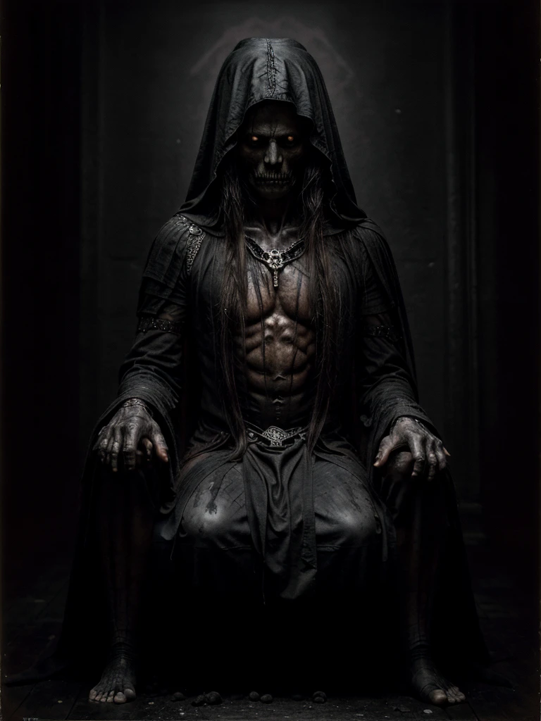 A scene in the style of Jan Matejko, interior of an old, richly decorated gloomy chamber, bones and skulls, foreground muscular figure of Thanatos with long black straight hair, sitting carelessly on a throne made of human bones, gloomy expression, partially hidden by shadow from hood, dressed in worn and dirty black clothes with metal elements, illuminated with mysterious light creating chiaroscuro, masterpiece, dramatic lighting, high detail, 4k resolution, atmospheric