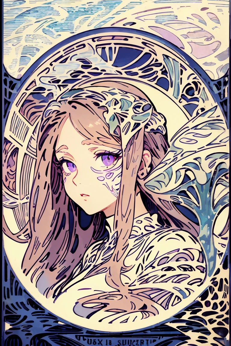 masterpiece, Absurd, Highest quality, Super detailed, High resolution, Detailed illustrations, Bright colors, (Very beautifully detailed face and eyes, Delicate and beautiful face, 1 girl, Clean face:1.3), (Purple eyes:1.1), Sparkling eyes, Big eyes, Medium Hips, White skin, break, (Brown Hair:0.8), Messy Hair, Detailed Hair, Shiny Hair, Perfect lighting, (Art Nouveau:1.7), (Tangled:1.3),