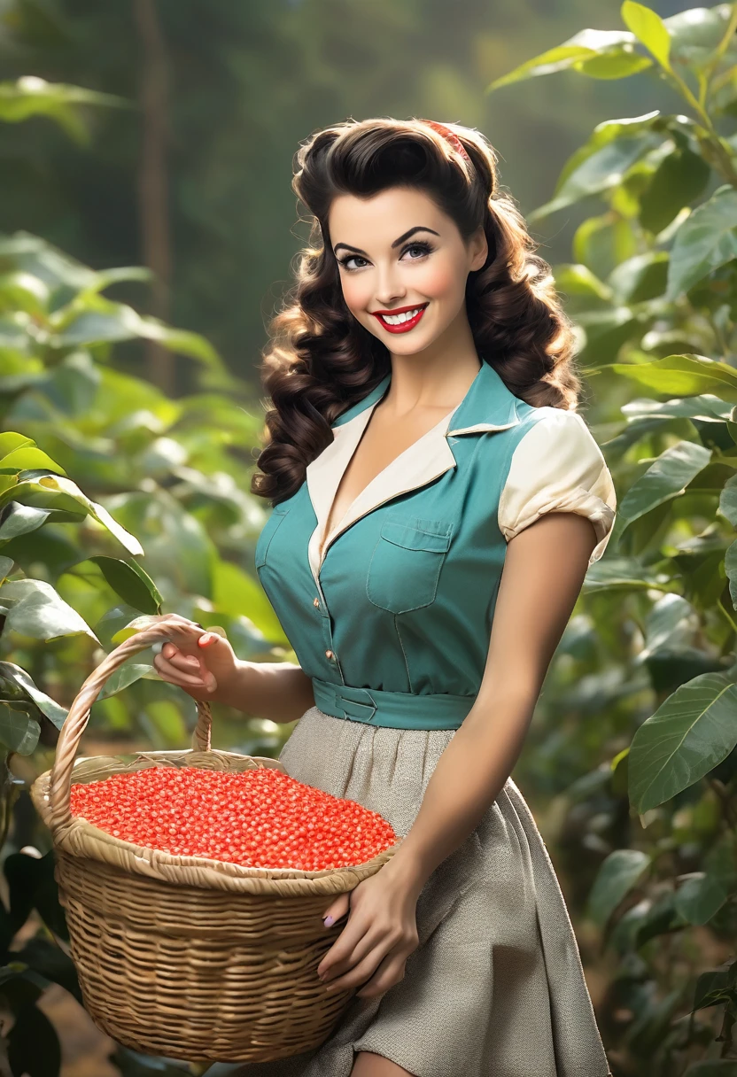 A brunette pinup girl smiling showing a basket of coffe grains on a coffe farm behind her. Full body view.