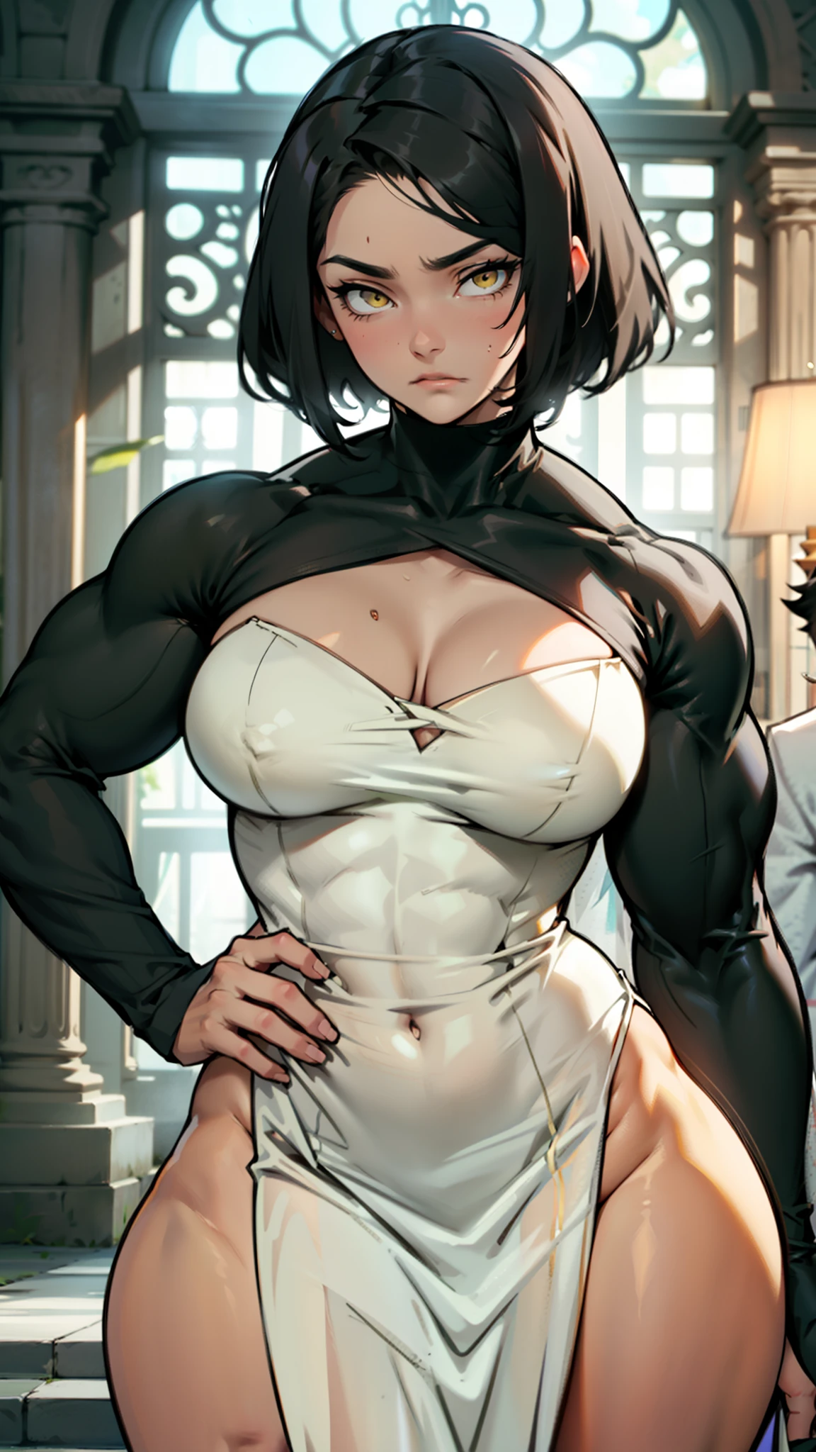 wide hips curvy thick thighs voluptuous large breasts muscular toned body bodybuilder black hair pale skin yellow eyes skintight expressionless sad sad wedding dress wedding dress wedding dress